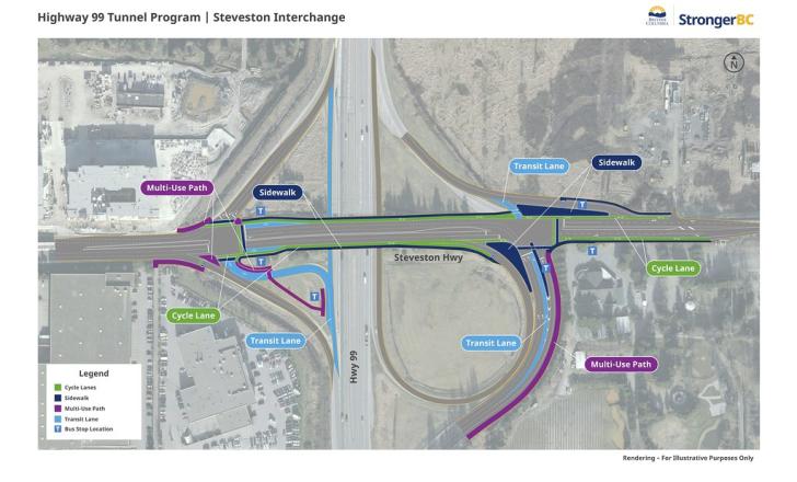 The Steveston interchange near Vancouver will replace a two-lane overpass at Steveston Highway and Highway 99 with a five-lane structure (image courtesy of the government of British Columbia)