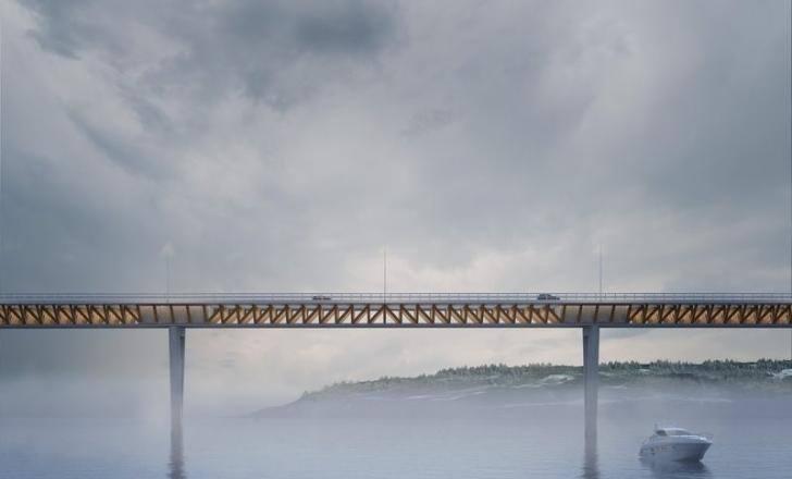 The proposed four-lane wooden bridge across Lake Mjøsa would be the second such structure over the largest lake in Norway (artist impression courtesy BESIX/BERINOR)