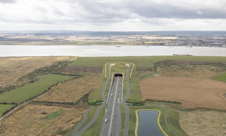 The twin bore tunnel east of London will run from county Essex under the River Thames to country Kent, south of the Thames (artist impression courtesy National Highways)