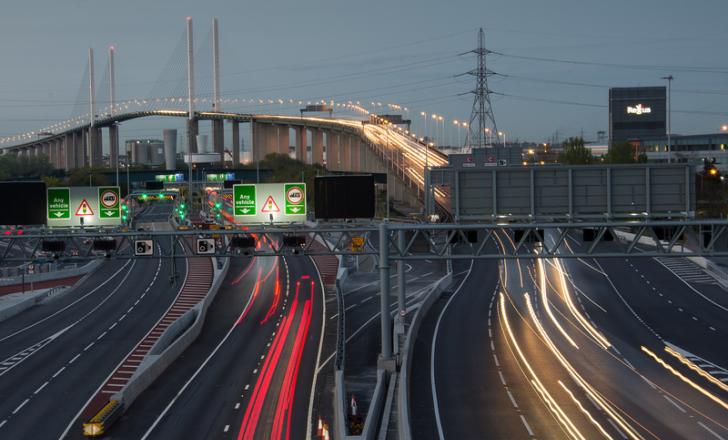Part of England’s Strategic Road Network is the Dartford River Crossing near London that includes the Queen Elizabeth Bridge over the Thames River as well as a parallel tunnel under the water (image © Chris Moncrieff/Dreamstime)