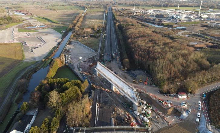 Over the past six months, the 86m-long concrete structure was built on land next to the motorway and then slid across the road in a two-day operation (image courtesy of High Speed Two Ltd)