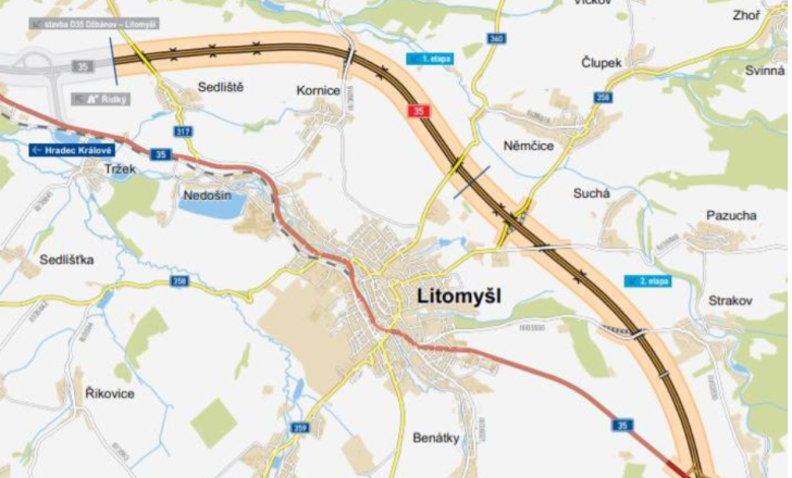 The section will essentially be a bypass of the town of Litomys (image courtesy Ministry of Transport, the Road and Motorway Directorate of the Czech Republic)