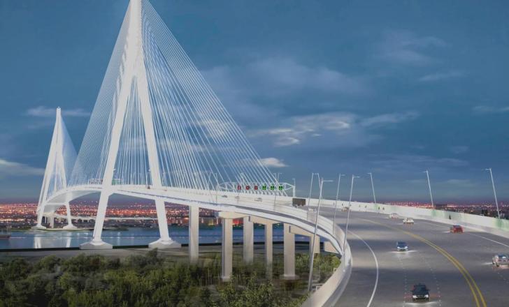 The longest span stretches 853m completely over the Detroit River and clearance above water will be 42m. (image courtesy Windsor-Detroit Bridge Authority)