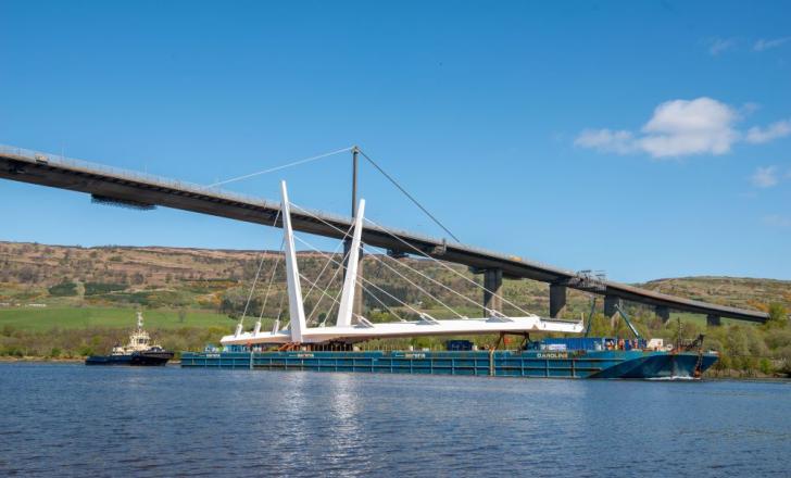 The furstr half of 184m-long cable-stayed twin-leaf bridge passing under the Erskine Bidge in Scotland (image courtesy Graham Construction/Renfrew Council)