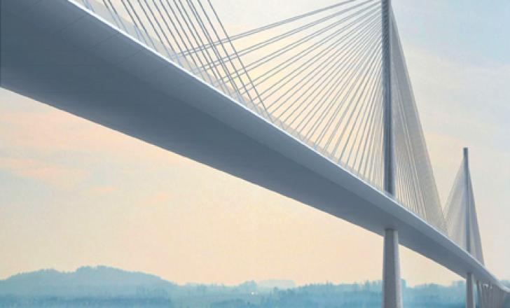 An artist's impression of (selected design) the cable-stayed new Forth road bridge showing two of the three mono towers. An artist's impression of (selected design) the cable-stayed new Forth road bridge showing two of the three mono towers.