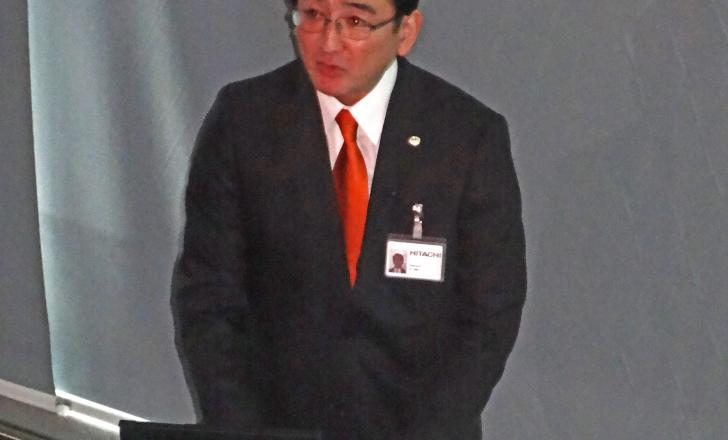 Moriaki Kadoya speaking at Hitachi Construction Machinery Europe (HCME) pre bauma press day at HCME HQ in Amsterdam, The Netherlands Moriaki Kadoya from Hitachi Construction Machinery Europe