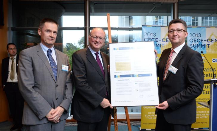 CECE and CEMA present 10-point action plan for a strong industrial production in Europe. Pictured left-right: Gilles Dryancour (CEMA), MEP Malcom Harbour, and Johann Sailer (CECE)
Manifesto Handover CECE and CEMA